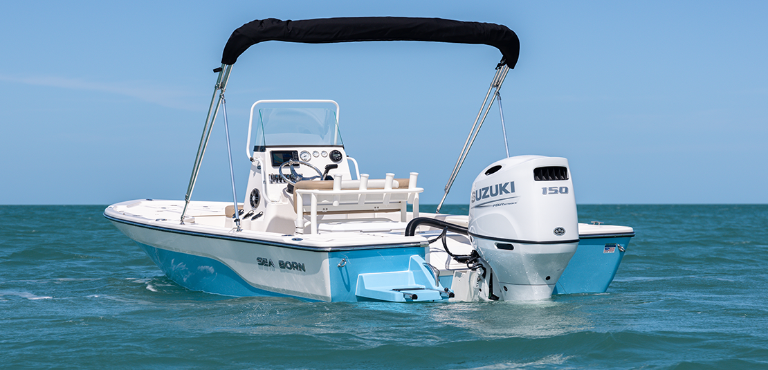 Sea Born FX21 Bay Sharkskin Blue with Suzuki Outboard Bimini Top - 21 Foot Bay Boat